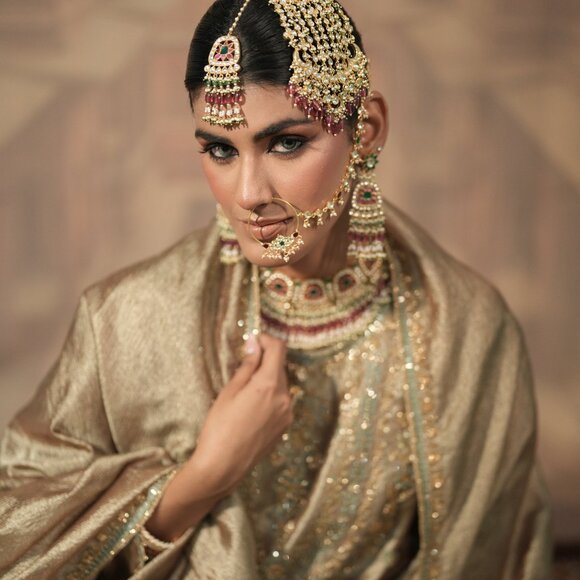 Light Gold and green Bridal Kurta Set with Dupatta - Picture 2 of 6